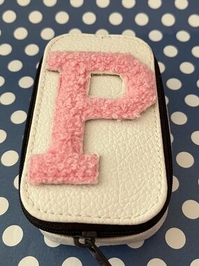 NWOT Pink 'P' and White Faux Leather zip Pouch with Mirror